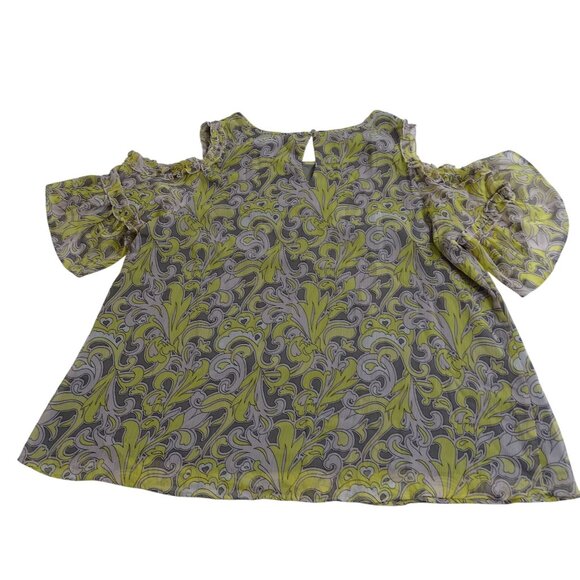 Cato Gray Yellow Cold Shoulder Top Ruffle Short Sleeves Women Size L Lined - Picture 3 of 10